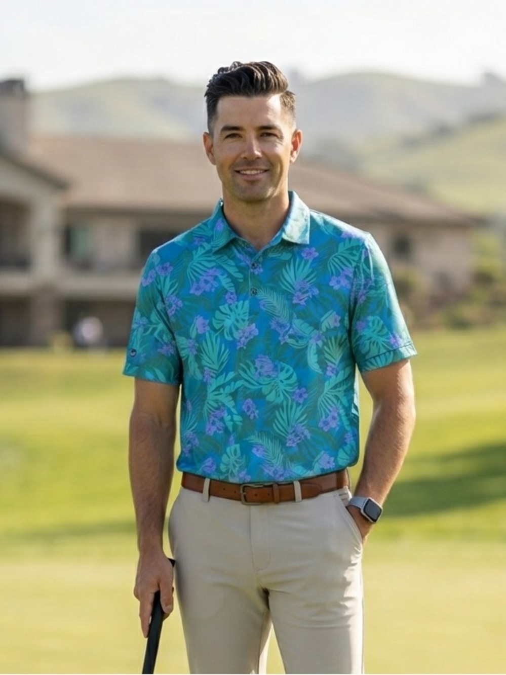 IronWood Teal & Purple Tropical Floral Performance Golf Polo Shirt Men's XL